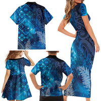 Aotearoa Taniko Matariki Family Matching Short Sleeve Bodycon Dress and Hawaiian Shirt Cosmic Blue