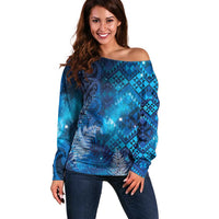 Aotearoa Taniko Matariki Off Shoulder Sweater Cosmic Blue LT7 Women Blue - Polynesian Pride