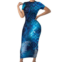 Aotearoa Taniko Matariki Short Sleeve Bodycon Dress Cosmic Blue LT7 Long Dress Blue - Polynesian Pride