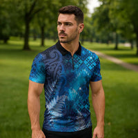 Aotearoa Taniko Matariki Zipper Polo Shirt Cosmic Blue LT7 - Polynesian Pride