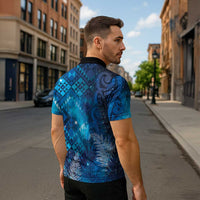 Aotearoa Taniko Matariki Zipper Polo Shirt Cosmic Blue LT7 - Polynesian Pride