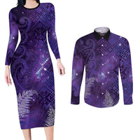 Aotearoa Taniko Matariki Couples Matching Long Sleeve Bodycon Dress and Long Sleeve Button Shirt Cosmic Violet LT7 Purple - Polynesian Pride