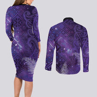 Aotearoa Taniko Matariki Couples Matching Long Sleeve Bodycon Dress and Long Sleeve Button Shirt Cosmic Violet LT7 - Polynesian Pride