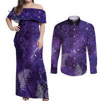 Aotearoa Taniko Matariki Couples Matching Off Shoulder Maxi Dress and Long Sleeve Button Shirt Cosmic Violet LT7 Purple - Polynesian Pride