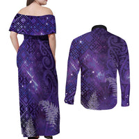 Aotearoa Taniko Matariki Couples Matching Off Shoulder Maxi Dress and Long Sleeve Button Shirt Cosmic Violet LT7 - Polynesian Pride