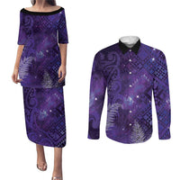 Aotearoa Taniko Matariki Couples Matching Puletasi and Long Sleeve Button Shirt Cosmic Violet LT7 Purple - Polynesian Pride