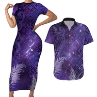 Aotearoa Taniko Matariki Couples Matching Short Sleeve Bodycon Dress and Hawaiian Shirt Cosmic Violet LT7 Purple - Polynesian Pride