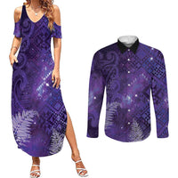 Aotearoa Taniko Matariki Couples Matching Summer Maxi Dress and Long Sleeve Button Shirt Cosmic Violet LT7 Purple - Polynesian Pride