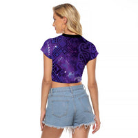 Aotearoa Taniko Matariki Raglan Cropped T Shirt Cosmic Violet LT7 - Polynesian Pride