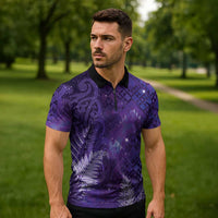 Aotearoa Taniko Matariki Zipper Polo Shirt Cosmic Violet LT7 - Polynesian Pride