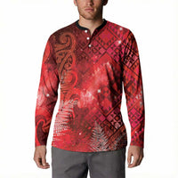 Aotearoa Taniko Matariki Button Sweatshirt Cosmic Red LT7 - Polynesian Pride