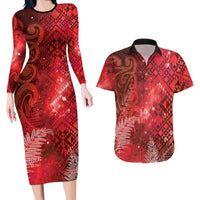 Aotearoa Taniko Matariki Couples Matching Long Sleeve Bodycon Dress and Hawaiian Shirt Cosmic Red LT7 Red - Polynesian Pride