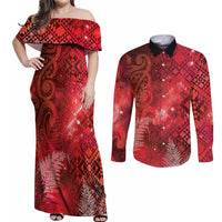 Aotearoa Taniko Matariki Couples Matching Off Shoulder Maxi Dress and Long Sleeve Button Shirt Cosmic Red LT7 Red - Polynesian Pride