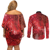 Aotearoa Taniko Matariki Couples Matching Off Shoulder Short Dress and Long Sleeve Button Shirt Cosmic Red LT7 - Polynesian Pride