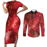 Aotearoa Taniko Matariki Couples Matching Short Sleeve Bodycon Dress and Long Sleeve Button Shirt Cosmic Red LT7 Red - Polynesian Pride