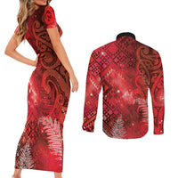 Aotearoa Taniko Matariki Couples Matching Short Sleeve Bodycon Dress and Long Sleeve Button Shirt Cosmic Red LT7 - Polynesian Pride