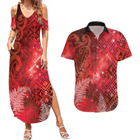 Aotearoa Taniko Matariki Couples Matching Summer Maxi Dress and Hawaiian Shirt Cosmic Red LT7 Red - Polynesian Pride