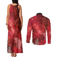 Aotearoa Taniko Matariki Couples Matching Tank Maxi Dress and Long Sleeve Button Shirt Cosmic Red LT7 - Polynesian Pride