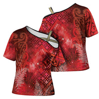 Aotearoa Taniko Matariki Cross Shoulder Shirt Cosmic Red LT7 - Polynesian Pride