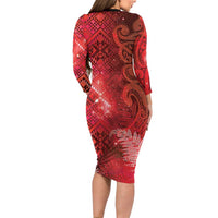 Aotearoa Taniko Matariki Family Matching Long Sleeve Bodycon Dress and Hawaiian Shirt Cosmic Red