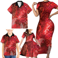 Aotearoa Taniko Matariki Family Matching Short Sleeve Bodycon Dress and Hawaiian Shirt Cosmic Red