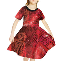 Aotearoa Taniko Matariki Kid Short Sleeve Dress Cosmic Red LT7 - Polynesian Pride