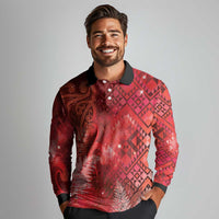 Aotearoa Taniko Matariki Long Sleeve Polo Shirt Cosmic Red LT7 - Polynesian Pride