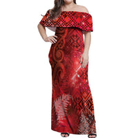 Aotearoa Taniko Matariki Off Shoulder Maxi Dress Cosmic Red LT7 Women Red - Polynesian Pride