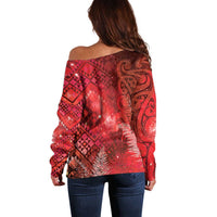 Aotearoa Taniko Matariki Off Shoulder Sweater Cosmic Red LT7 - Polynesian Pride