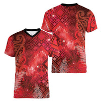 Aotearoa Taniko Matariki Women V-Neck T-Shirt Cosmic Red LT7 - Polynesian Pride