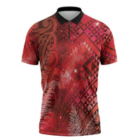 Aotearoa Taniko Matariki Zipper Polo Shirt Cosmic Red LT7 Red - Polynesian Pride