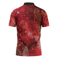 Aotearoa Taniko Matariki Zipper Polo Shirt Cosmic Red LT7 - Polynesian Pride