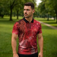 Aotearoa Taniko Matariki Zipper Polo Shirt Cosmic Red LT7 - Polynesian Pride