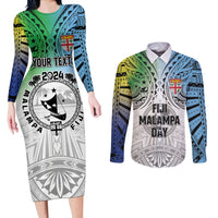 Malampa Fiji Day Couples Matching Long Sleeve Bodycon Dress and Long Sleeve Button Shirt Gradient Style