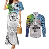 Malampa Fiji Day Couples Matching Mermaid Dress and Long Sleeve Button Shirt Gradient Style LT7 White - Polynesian Pride