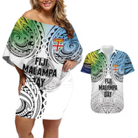 Malampa Fiji Day Couples Matching Off Shoulder Short Dress and Hawaiian Shirt Gradient Style LT7 White - Polynesian Pride