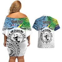 Malampa Fiji Day Couples Matching Off Shoulder Short Dress and Hawaiian Shirt Gradient Style LT7 - Polynesian Pride