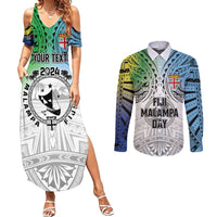 Malampa Fiji Day Couples Matching Summer Maxi Dress and Long Sleeve Button Shirt Gradient Style LT7 White - Polynesian Pride