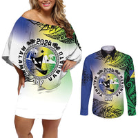 Malampa Day Couples Matching Off Shoulder Short Dress and Long Sleeve Button Shirt Emblem Gradient Style LT7 Colorful - Polynesian Pride