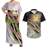 Hawaii Mokihana Mix Pikake Leis Mahalo 'Olelo Couples Matching Off Shoulder Maxi Dress and Hawaiian Shirt Black LT7 Black - Polynesian Pride