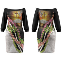Hawaii Mokihana Mix Pikake Leis Mahalo 'Olelo Couples Matching Off The Shoulder Long Sleeve Dress and Hawaiian Shirt Black LT7 - Polynesian Pride