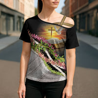 Hawaii Mokihana Mix Pikake Leis Mahalo 'Olelo Cross Shoulder Shirt Black LT7 - Polynesian Pride
