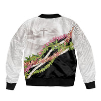 Hawaii Mokihana Mix Pikake Leis Mahalo 'Olelo Bomber Jacket White Tapa LT7 - Polynesian Pride