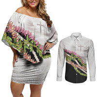 Hawaii Mokihana Mix Pikake Leis Mahalo 'Olelo Couples Matching Off Shoulder Short Dress and Long Sleeve Button Shirt White Tapa LT7 White - Polynesian Pride