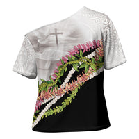 Hawaii Mokihana Mix Pikake Leis Mahalo 'Olelo Cross Shoulder Shirt White Tapa LT7 - Polynesian Pride