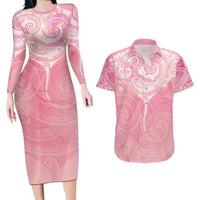 Breast Cancer Awareness Maori Aotearoa Couples Matching Long Sleeve Bodycon Dress and Hawaiian Shirt Manta Ray - Pink Glaze - Polynesian Pride