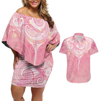 Breast Cancer Awareness Maori Aotearoa Couples Matching Off Shoulder Short Dress and Hawaiian Shirt Manta Ray - Pink Glaze - Polynesian Pride