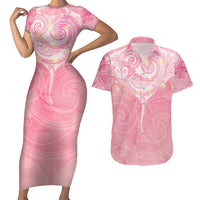 Breast Cancer Awareness Maori Aotearoa Couples Matching Short Sleeve Bodycon Dress and Hawaiian Shirt Manta Ray - Pink Glaze - Polynesian Pride
