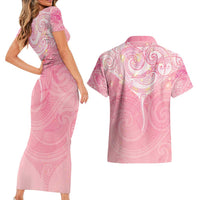 Breast Cancer Awareness Maori Aotearoa Couples Matching Short Sleeve Bodycon Dress and Hawaiian Shirt Manta Ray - Pink Glaze - Polynesian Pride