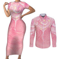 Breast Cancer Awareness Maori Aotearoa Couples Matching Short Sleeve Bodycon Dress and Long Sleeve Button Shirt Manta Ray - Pink Glaze - Polynesian Pride